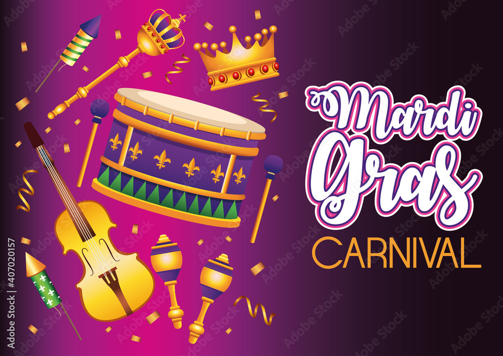 Sticker mardi gras carnival lettering with set icons