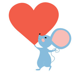 Vector character mouse holding a big heart. Flat illustration isolated on white background.