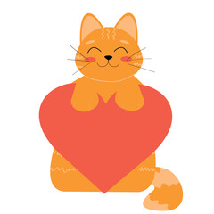 Vector ginger cat holds a heart in its paws. Fleet character illustration isolated on white background.