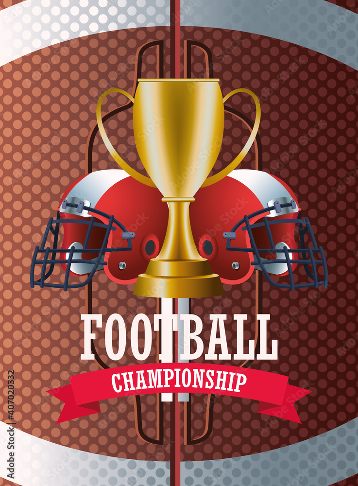 Poster super bowl american football sport lettering with trophy cup and helmets