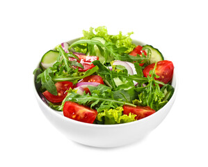 Delicious salad with arugula and vegetables isolated on white