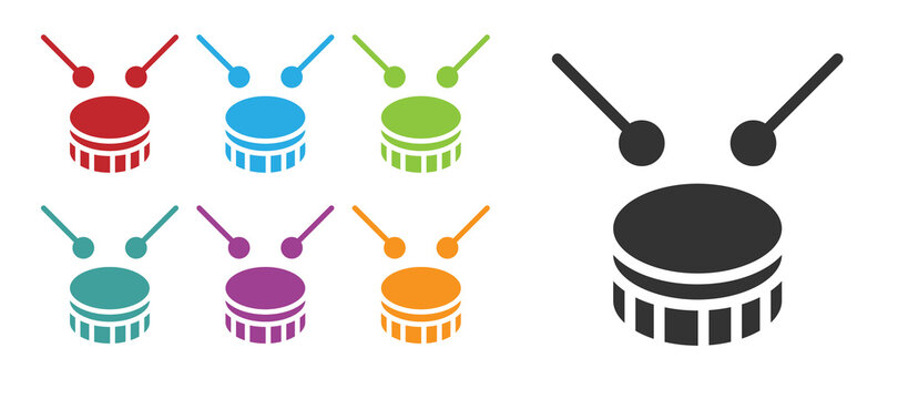 Black Drum with drum sticks icon isolated on white background. Music sign. Musical instrument symbol. Set icons colorful. Vector.