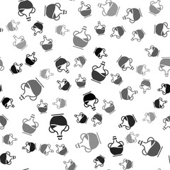 Obraz premium Black Bottle of olive oil icon isolated seamless pattern on white background. Jug with olive oil icon. Vector.