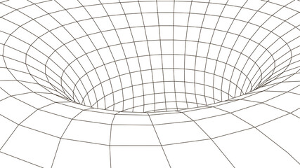 Futuristic white funnel. Wireframe space travel tunnel. Abstract blue wormhole with surface warp. Vector illustration.