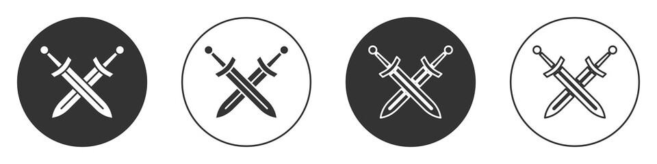 Black Crossed medieval sword icon isolated on white background. Medieval weapon. Circle button. Vector.