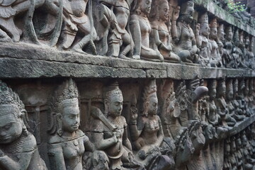 Bas relief at Elephant Terrace , Angkor Thom in Siem Reap, Cambodia, Ancient Khmer architecture.