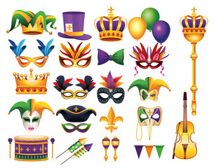 bundle of twenty two mardi gras carnival celebration set icons - obrazy, fototapety, plakaty
