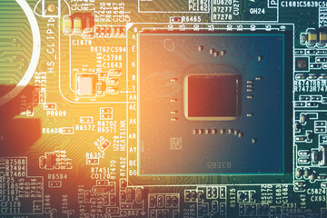 Electronic circuit board green color close up