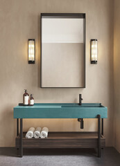3d render of a modern beige bathroom with green turqoise wash basin and crystal wall lamps

crystal wall lamps and a rectangle mirror