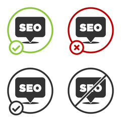 Black SEO optimization icon isolated on white background. Circle button. Vector.