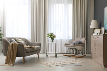 Modern living room interior with beautiful curtains on window - obrazy, fototapety, plakaty