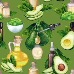 Watercolor seamless pattern of essential oil bottles and avocados