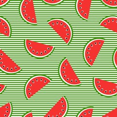 Seamless watermelon pattern with green lines. Slices with red flesh and black seeds.