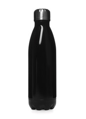 Modern closed black thermo bottle isolated on white