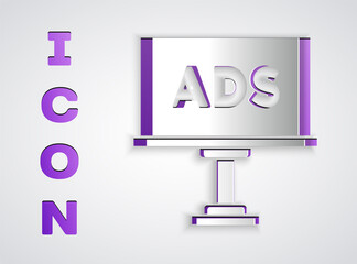 Paper cut Advertising icon isolated on grey background. Concept of marketing and promotion process. Responsive ads. Social media advertising. Paper art style. Vector.