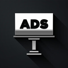 Silver Advertising icon isolated on black background. Concept of marketing and promotion process. Responsive ads. Social media advertising. Long shadow style. Vector.