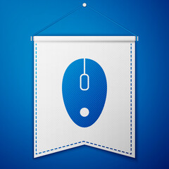 Blue Computer mouse icon isolated on blue background. Optical with wheel symbol. White pennant template. Vector.