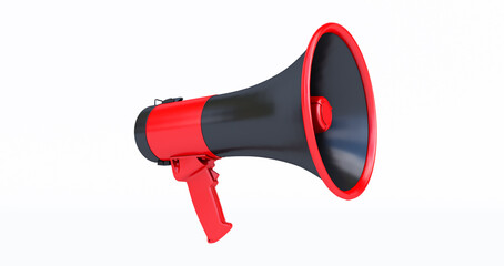 red and black megaphone isolated on white background, 3d rendering of bullhorn