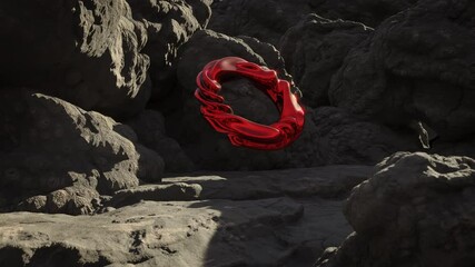Circular Red Abstract Monolith hovering amidst rocky barren landscape following the light path - 3D Abstract scene Push in Shot - Powered by Adobe
