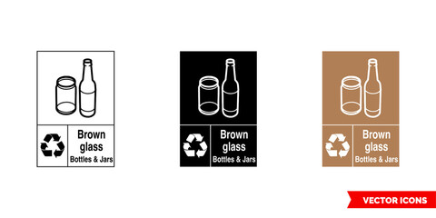 Brown glass recycling sign icon of 3 types color, black and white, outline. Isolated vector sign symbol.
