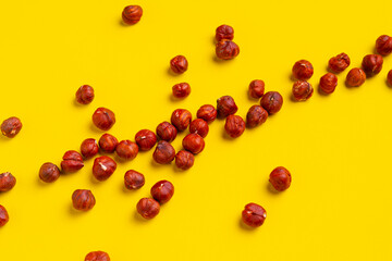 dropped bunch of hazelnut nut without shell flat lay, minimalistic raw food