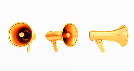 golden megaphone isolated on white background, 3d rendering of bullhorn