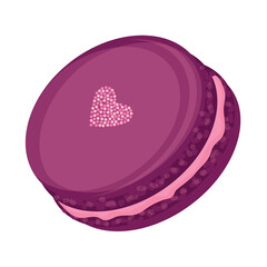 Confection purple macaroon shape round, with a heart-shaped powder isolated on a white background close-up