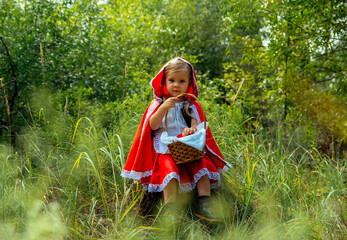 girl in the forest in red clothes, Little Red Riding Hood, summer, green, park, young, tree, grass, beautiful,   cosplay, path, path, trees, spring, heat, basket, book, wolf