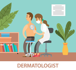 Dermatologist female character examining a spot from a male patient with magnifying glass in clinic. Medical procedure dermatoscopy. A dermatologist looking at a patients skin, therapist, oncologist