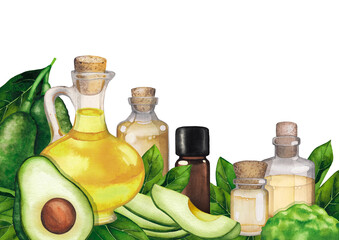 Watercolor essential oil bottles decorated with avocado fruits and leaves