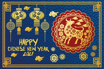 chinese new year 2021 lettering card with golden ox in seal