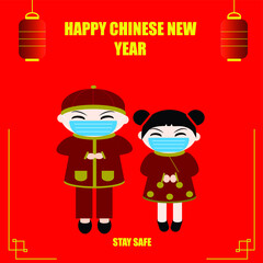 A vector of two kids celebrating Chinese New Year during covid-19 pandemic concept. In illustration mention Happy Chinese New Year and stay safe word.
