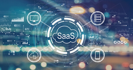 SaaS - software as a service concept with blurred city abstract lights background