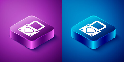 Isometric Lock and heart icon isolated on blue and purple background. Locked Heart. Love symbol and keyhole sign. Valentines day symbol. Square button. Vector.