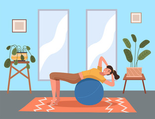 Woman doing fitness exercise at home. Young girl is engaged in pilates with a ball. Slim lady dressed in a sportive uniform in a flat style doing sports in living room, back exercises and stretching