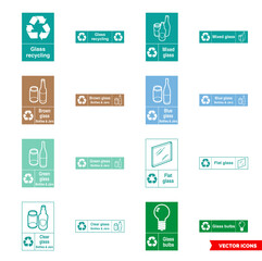 Glass recycling signs icon set of color types. Isolated vector sign symbols. Icon pack.