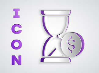 Paper cut Hourglass with dollar icon isolated on grey background. Money time. Sandglass and money. Growth, income, savings, investment. Paper art style. Vector.