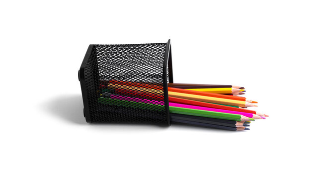 Colorful pencils in the organizer are isolated on a white background.