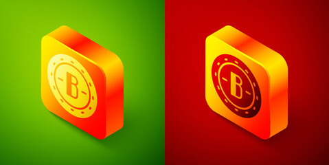 Isometric Cryptocurrency coin Bitcoin icon isolated on green and red background. Physical bit coin. Blockchain based secure crypto currency. Square button. Vector.