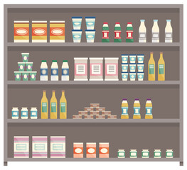 Showcase with groceries in the store. Fridge for cooling dairy products. Different colored bottles and boxes on shelves. Refrigerator dispenser cooling machine, shop equipment, goods in supermarket
