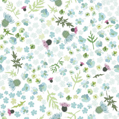 Vector seamless ditsy pattern with cute small details, fresh and gentle, nice for delicate wrapping or wallpaper in a cottage core style. 