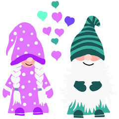 Couple of gnomes vector. Valentine gnomes in love. Valentine's day. Vector template. Valentine Gnomes with hearts. Scandinavian nordic gnomes.