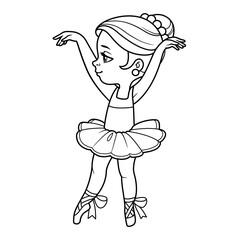 Cute cartoon ballerina girl in tutu hands up outlined for coloring isolated on a white background