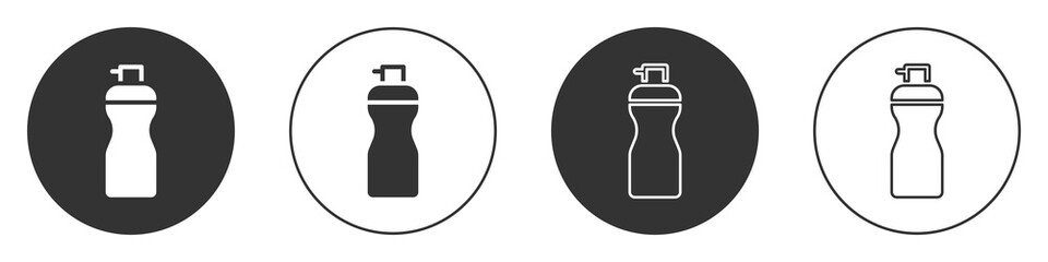 Black Fitness shaker icon isolated on white background. Sports shaker bottle with lid for water and protein cocktails. Circle button. Vector.