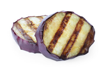 Delicious grilled eggplant slices on white background