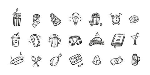 Hand Drawn Doodle Various Household Items and Fast Food Icons. Hangover and Mess After Party Concept. Lifestyle Stuff Signs.
