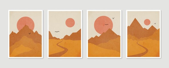 Mountain wall art set. Vector earth tones landscapes backgrounds set with moon and sun. Abstract arts design for wall framed prints, poster, cover, home decor, canvas prints, wallpaper.