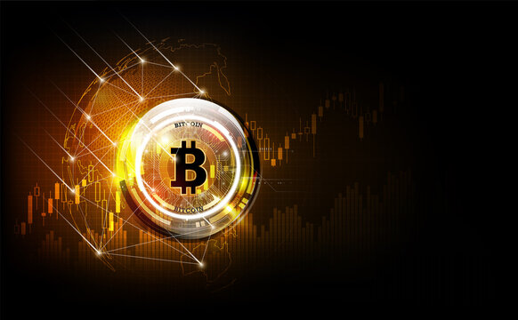 Golden bitcoin digital currency, futuristic digital money on global hologram, technology worldwide network concept, vector illustration