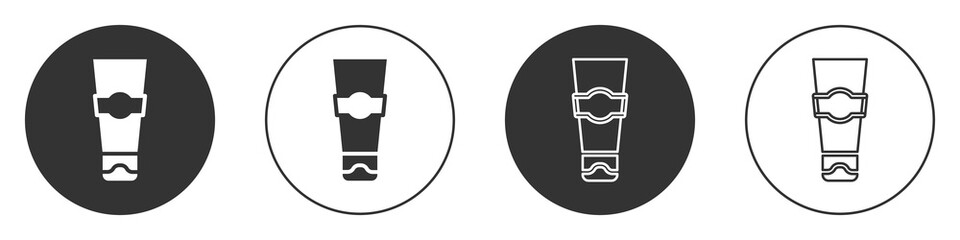 Black Tube of toothpaste icon isolated on white background. Circle button. Vector.