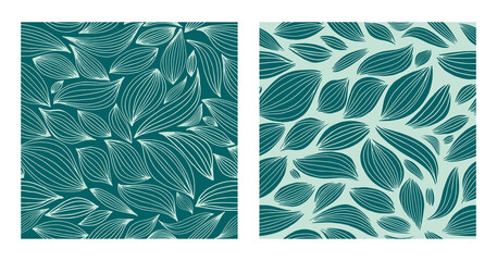 Vector seamless abstract tropical pattern set with green leaves in line art style. Simple and modern green ornament for summer decor.